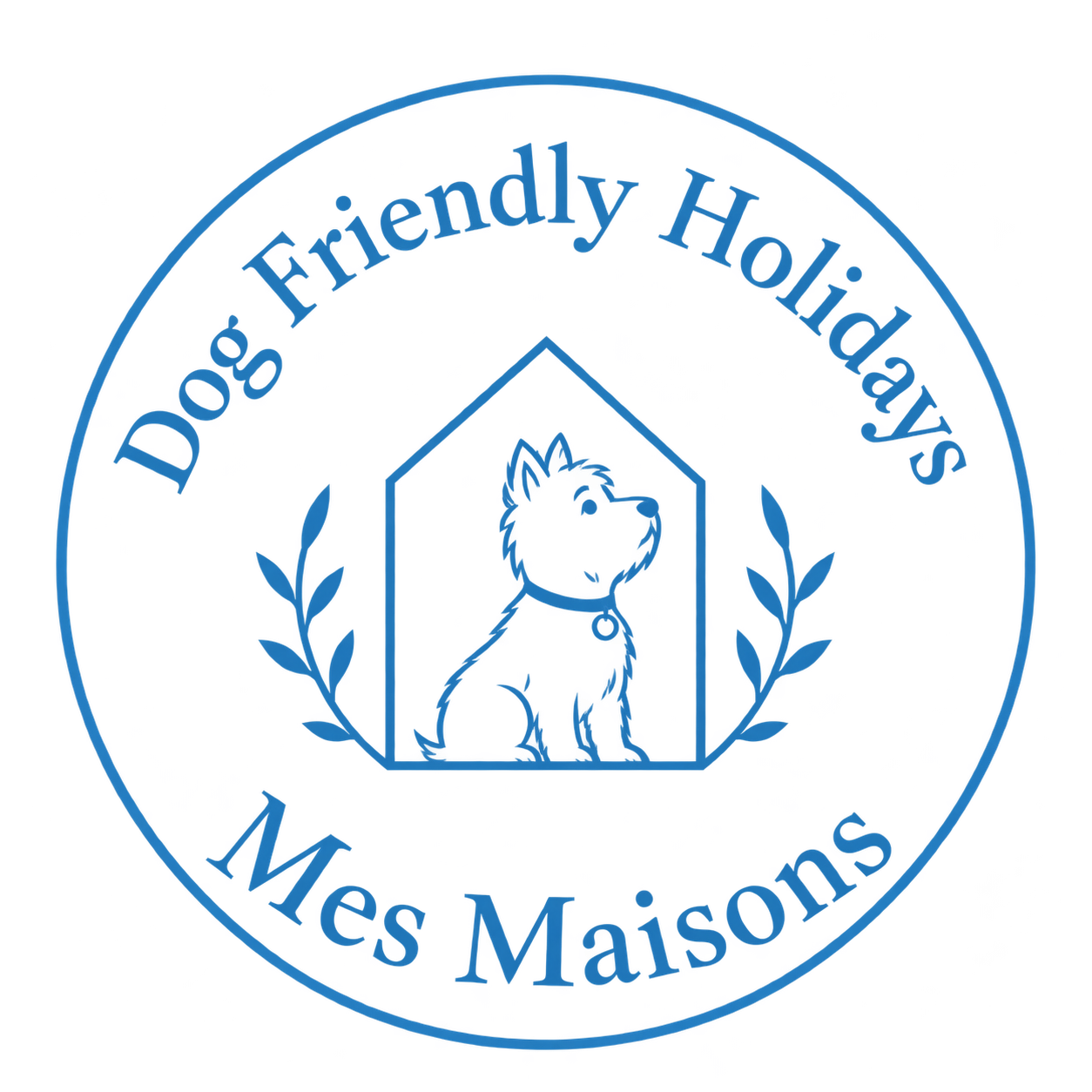 Dog Friendly Holidays Mes Maisons circular logo with Frosty terrier mascot